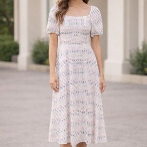 LOFT Polka Dot Midi Dress Women’s 2 Petite Multicolored Fully Lined Short Sleeve